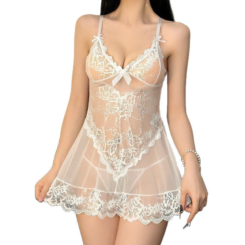 Women Sexy Lace Suspender Bow Mesh Hollow Out Nightgown Home Wear Sleepwear
