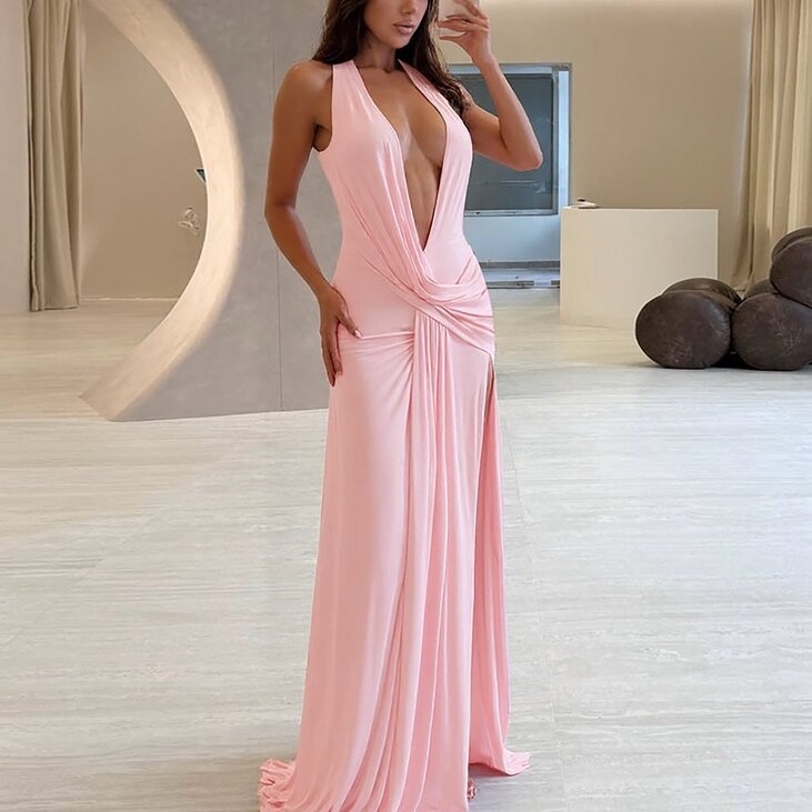 Womens Deep V Halter Backless Slit Dress