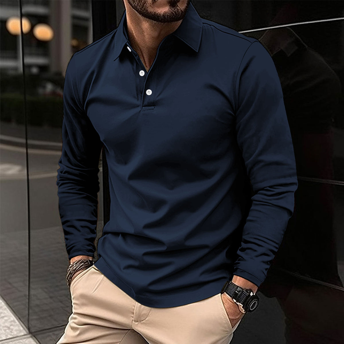 Mens Long Sleeve Solid Color Polo Shirt Casual Cotton Blend Button Down