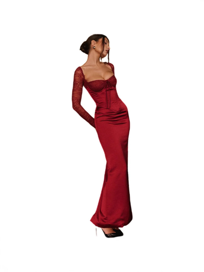 Burgundy Acetate Satin Long Dress