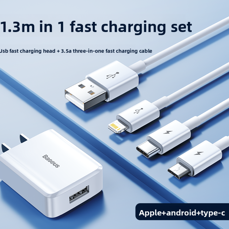 3-in-1 Charger with Data Cable and Triple-Output Charging Head