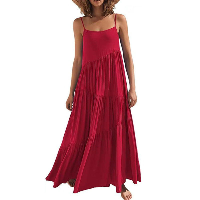 Women's Loose Solid Color Pleated Irregular Beach Strap Maxi Dress