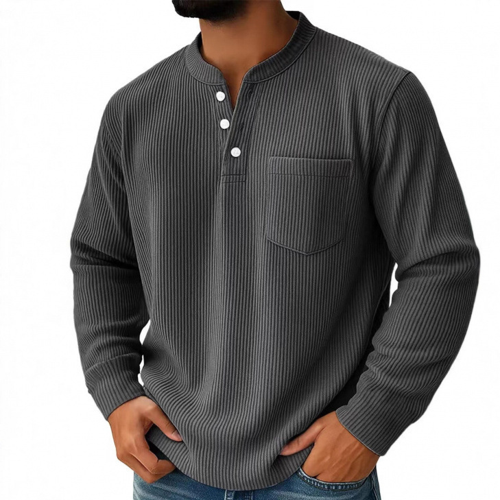 Mens Corduroy Henley Long Sleeve Polo Shirt