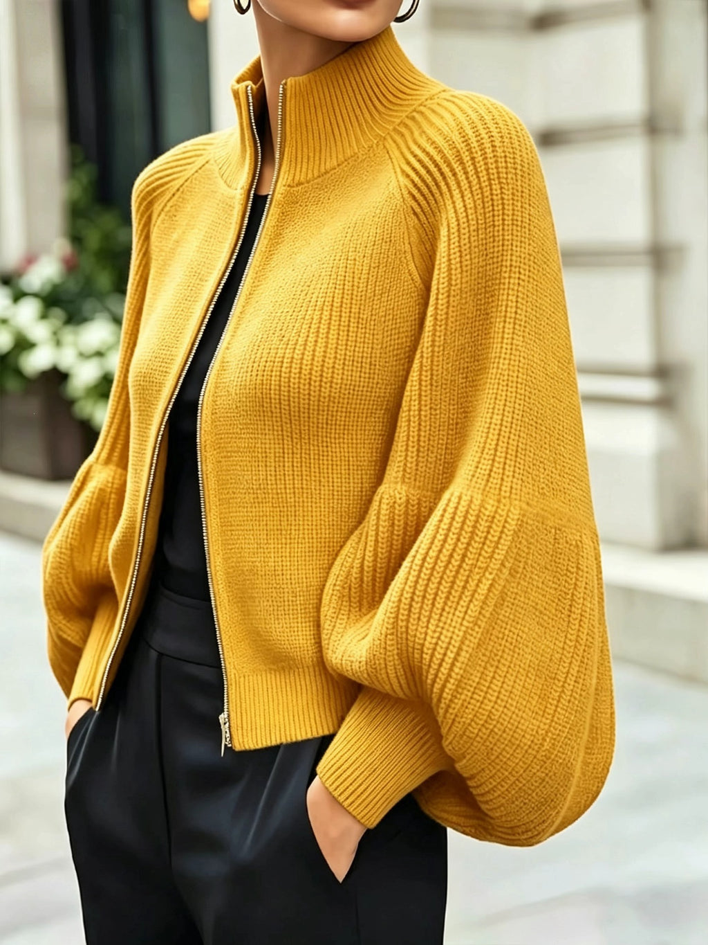 Women's Textured Knit Stand Collar Balloon Sleeve Cardigan