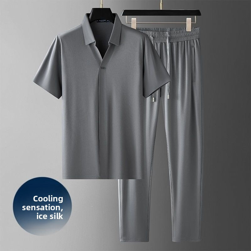 Men's Ice Silk Casual Short Sleeve Top and Pants Set