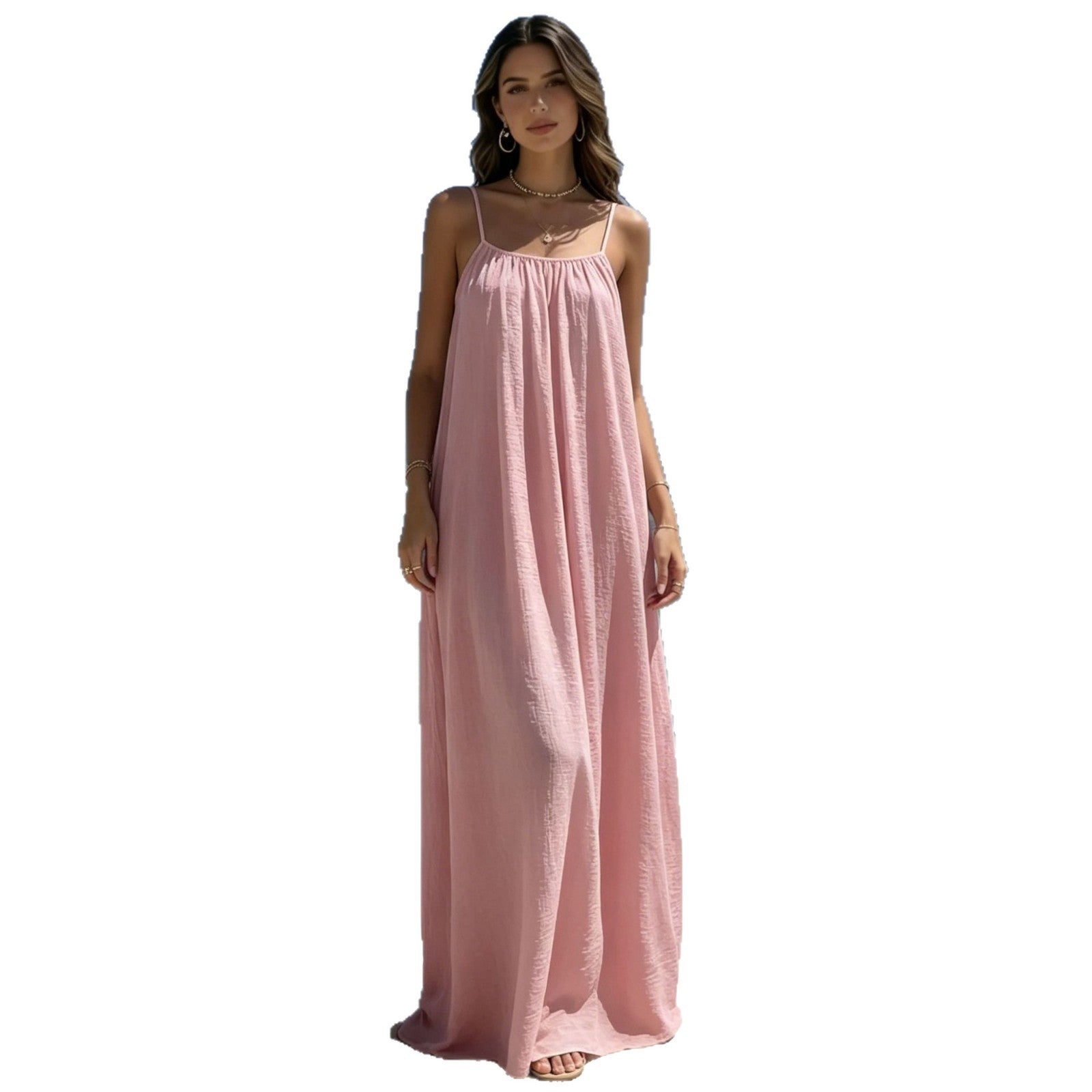 Womens Loose Fit Sleeveless Tie Neck Long Dress