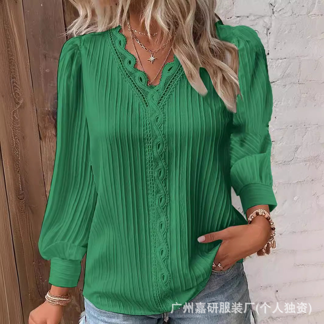 2025 Cross-Border Hot Selling Amazon Autum Long-Sleeved V Neck Lace Splicing Shirt Women's Shirt Women's Clothing Ready Supply