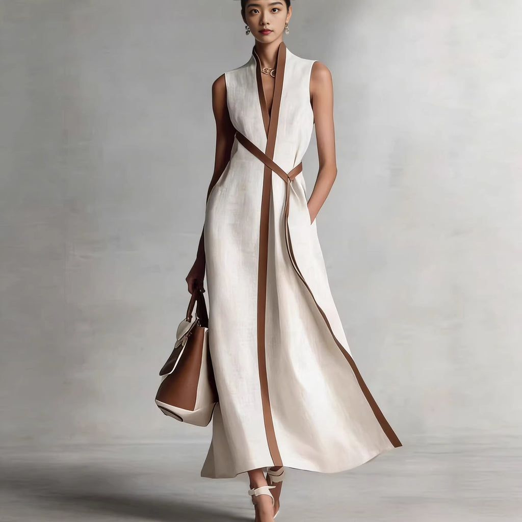 Stand Collar Sleeveless Color Block Loose Dress