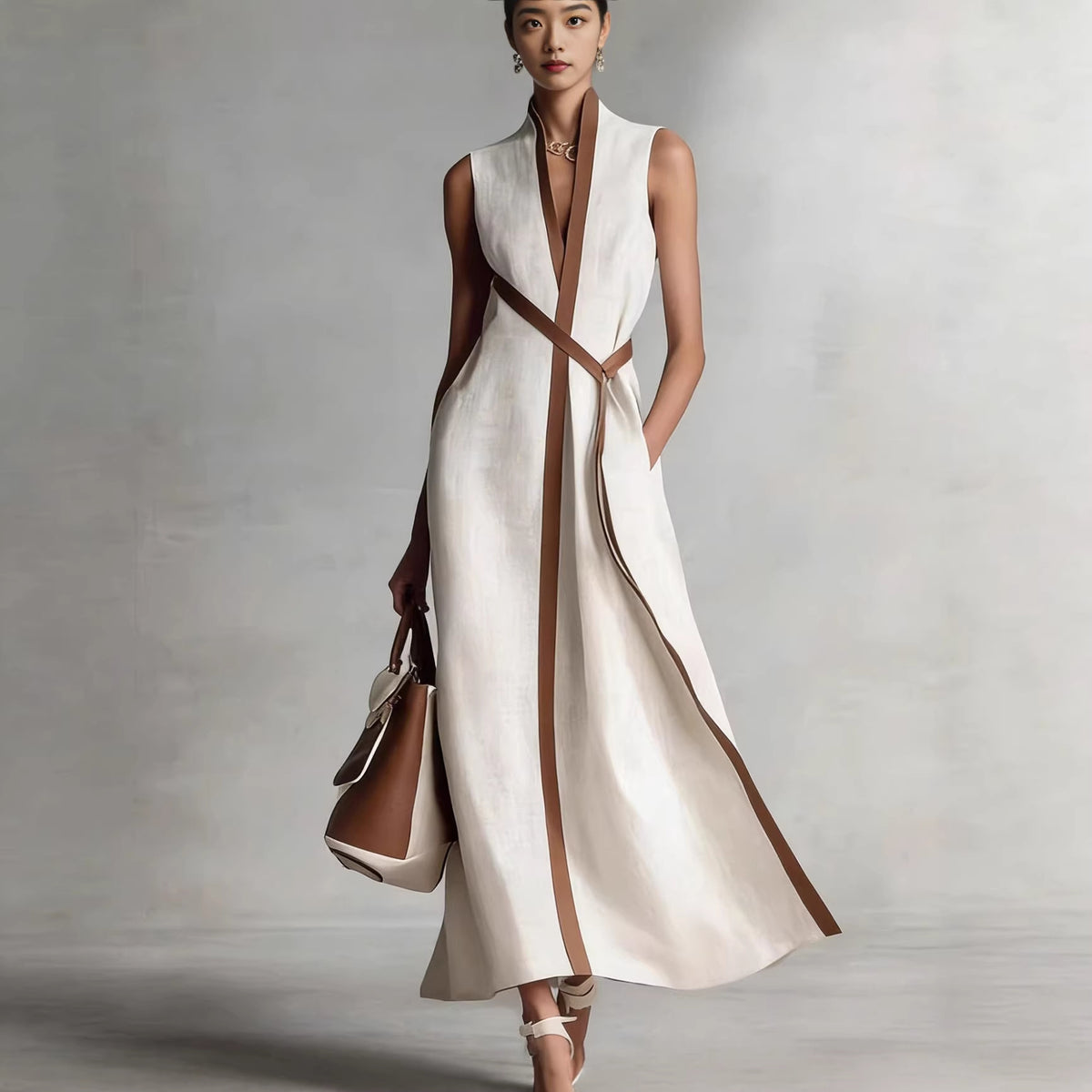 Stand Collar Sleeveless Color Block Loose Dress