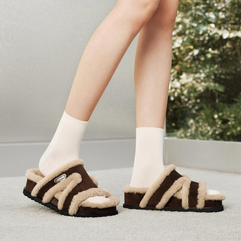 Genuine Leather Fleece-Lined Open-Toe Slippers