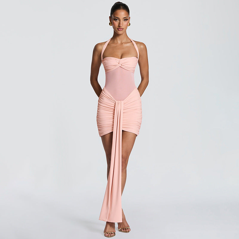 Women's Solid Color Mesh Halter Neck Short Dress