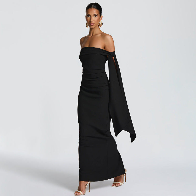 Sexy Tube Top Dress Slim Solid Color Ribbon Exposed Backpack Hip Women's Long Skirt