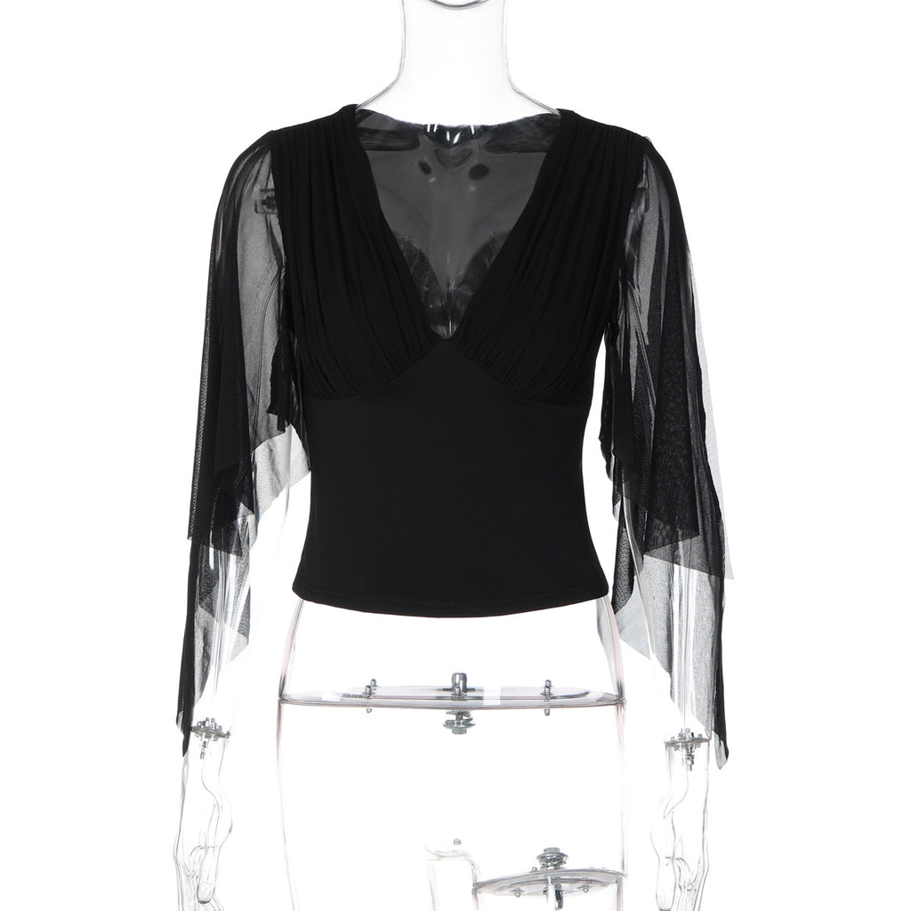 Women's Solid Color Long Sleeve Mesh Patchwork V-Neck Slim Fit Knit Top T-Shirt