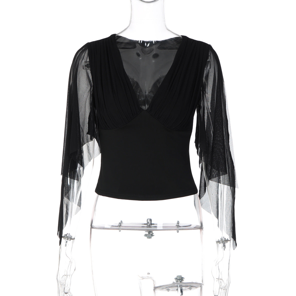 Women's Solid Color Long Sleeve Mesh Patchwork V-Neck Slim Fit Knit Top T-Shirt