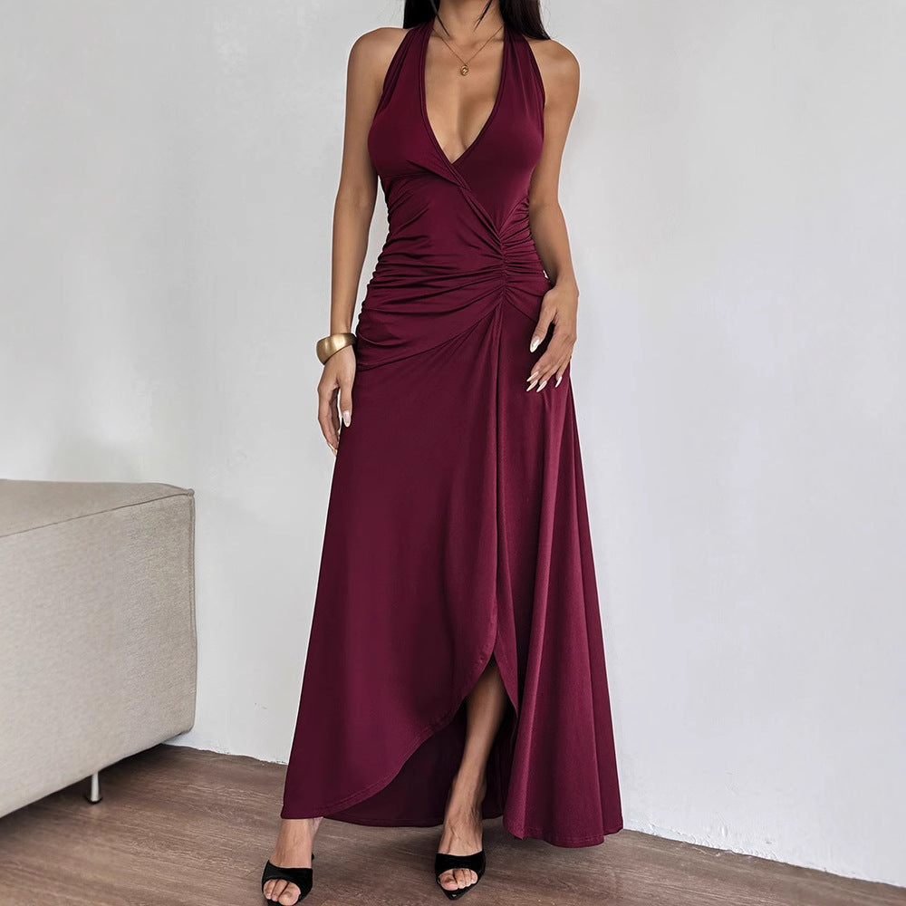 Womens Backless Deep V Halter Neck Pleated Dress