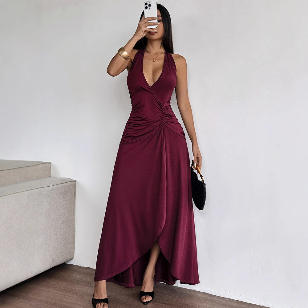 Womens Backless Deep V Halter Neck Pleated Dress