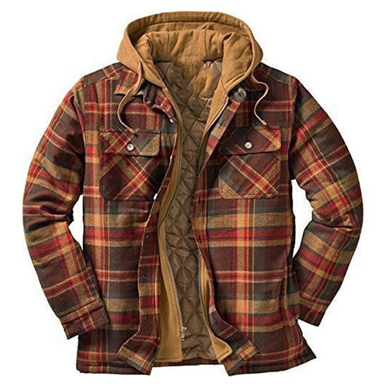 Mens Plaid Hooded Quilted Jacket