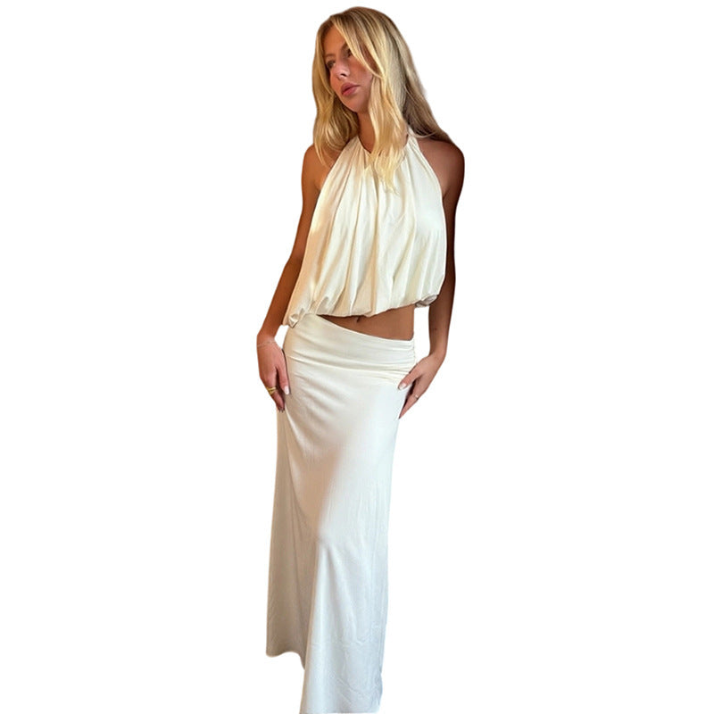 Women's Halter Neck Backless Top and Slit Skirt Set