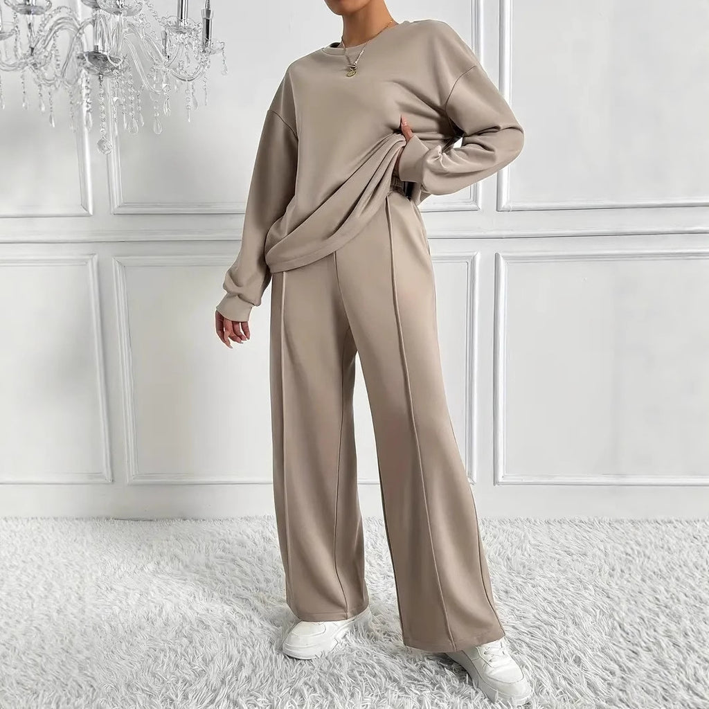 Women's Solid Color Round Neck Long Sleeve Pants Suit Casual Two-Piece Set