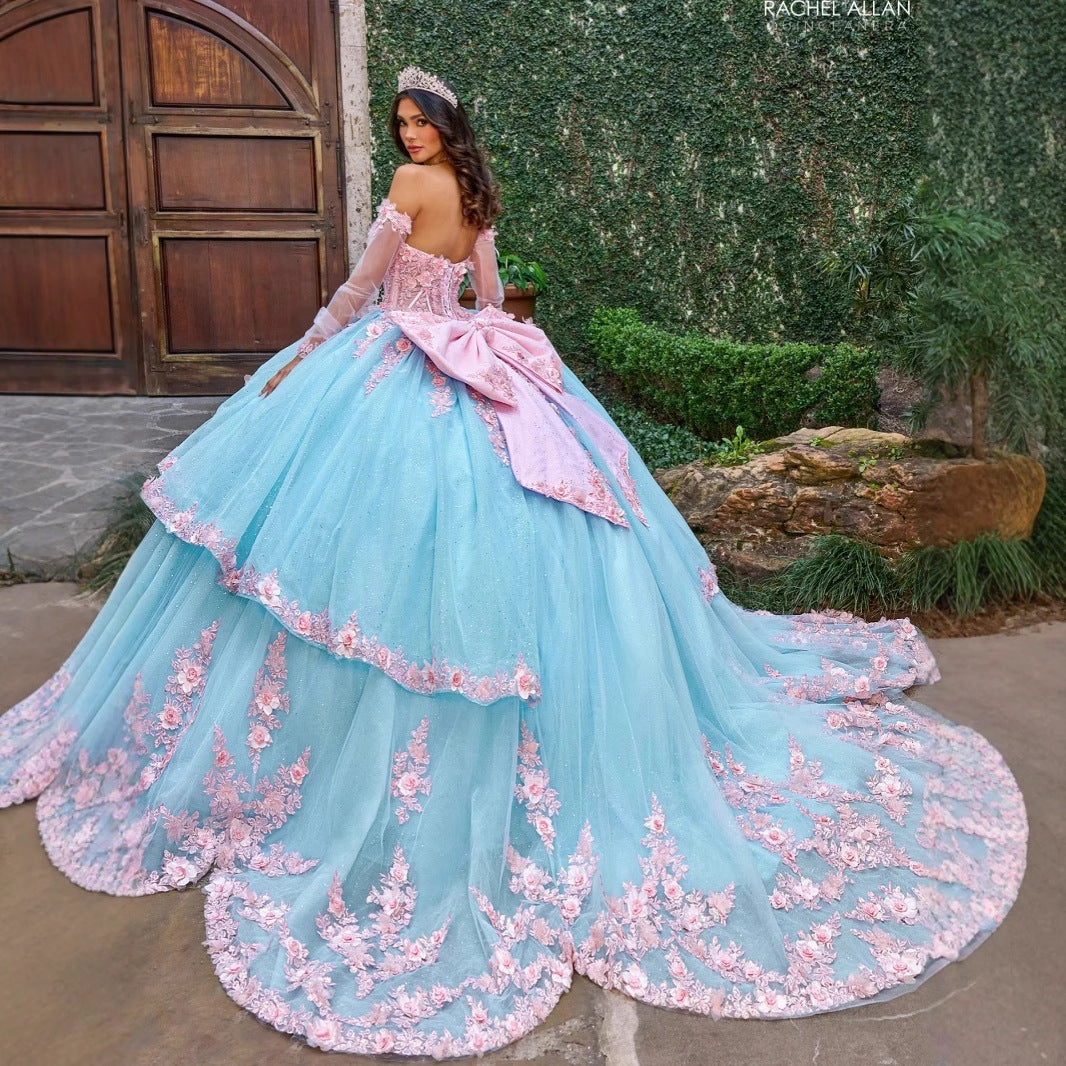 Strapless Evening Dress with 3D Flowers and Back Bow