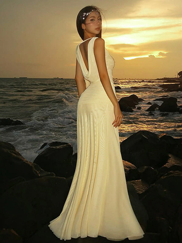Elegant V-Neck Backless Mesh Long Dress