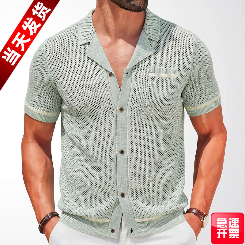 Cross-Border Men's Casual Style Cuban Collar Knitted Top Short-Sleeved Hollow Breathable Cardigan Polo Shirt Sy0103