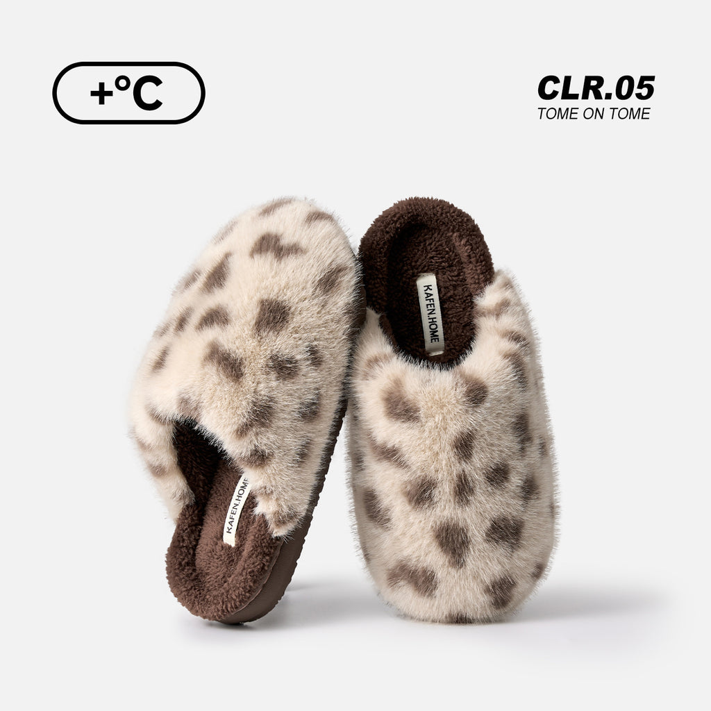 Women Winter Warm Fleece Lined Leopard Print Plush Closed Toe Non Slip House Slippers