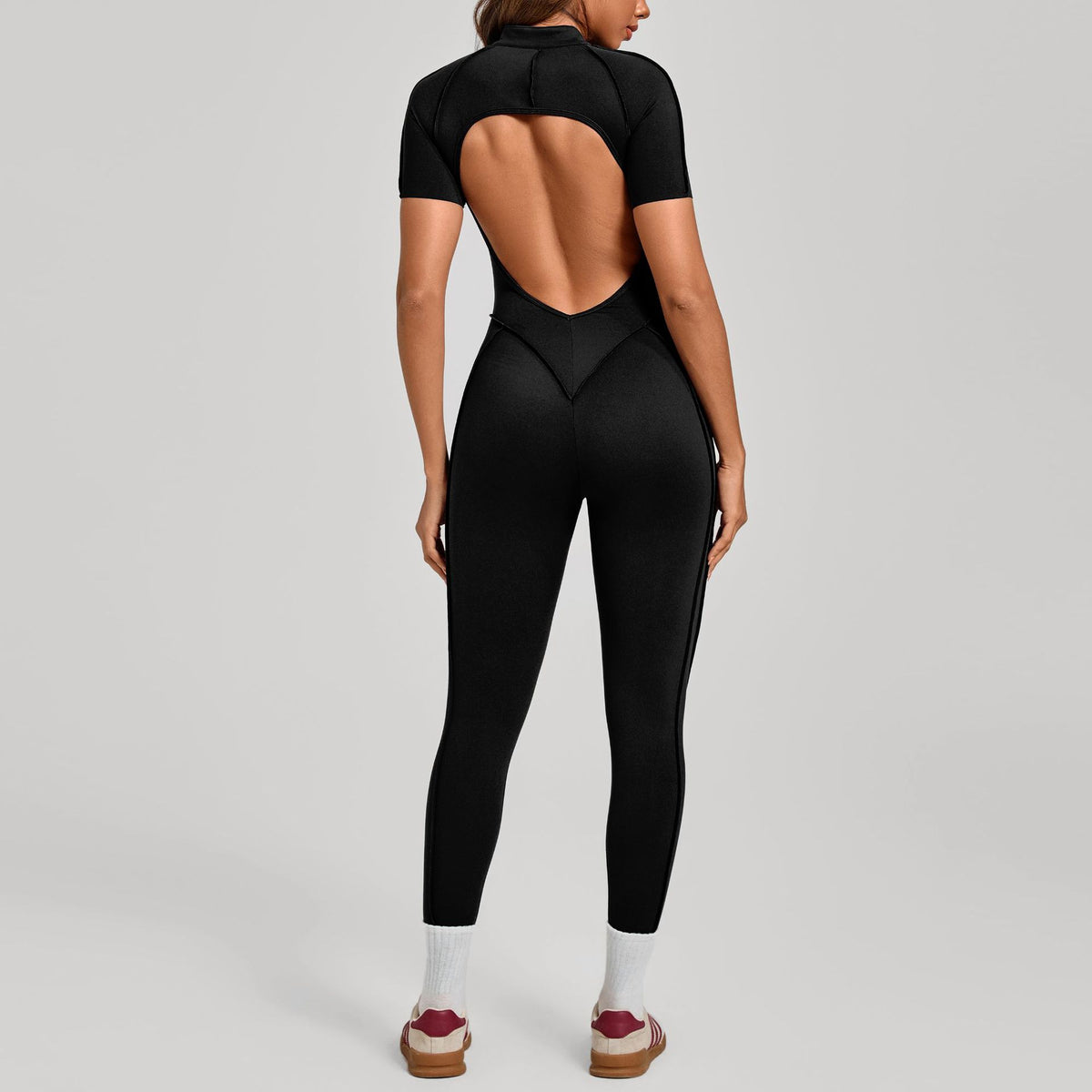 Stand-Up Collar Half-Zip Short-Sleeve Jumpsuit