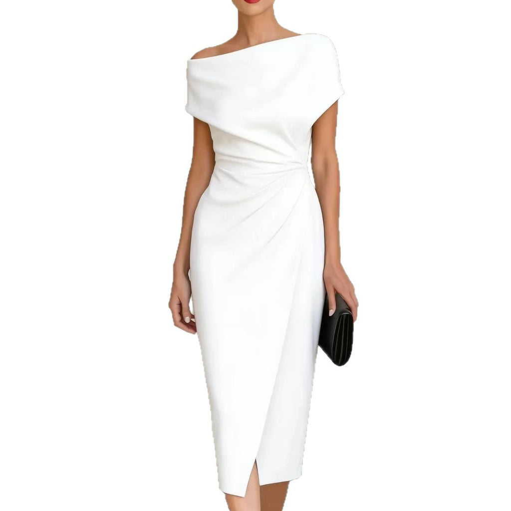 Off-shoulder waist pleated dress elegant dress dress womenOff-shoulder waist pleated dress elegant dress dress women