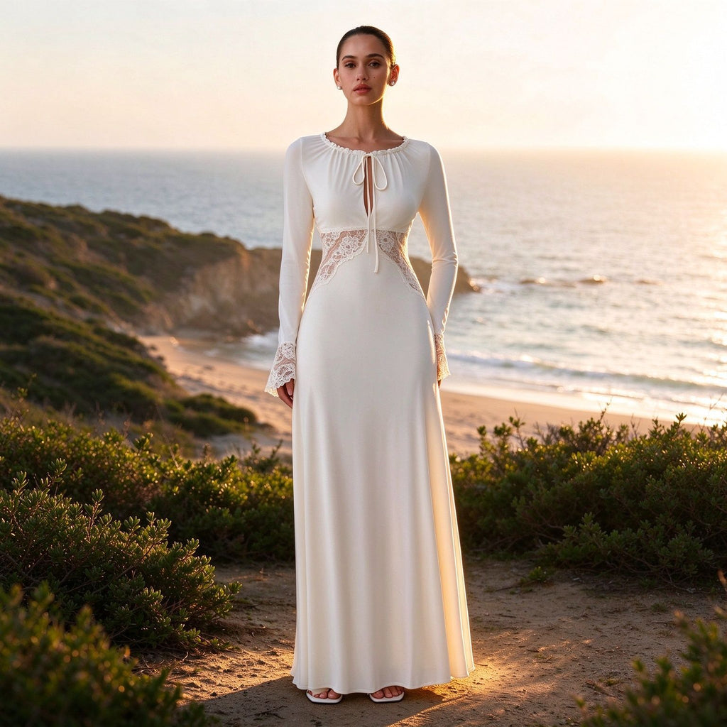 Women's Elegant Lace Patchwork Long Sleeve High-Waist Dress