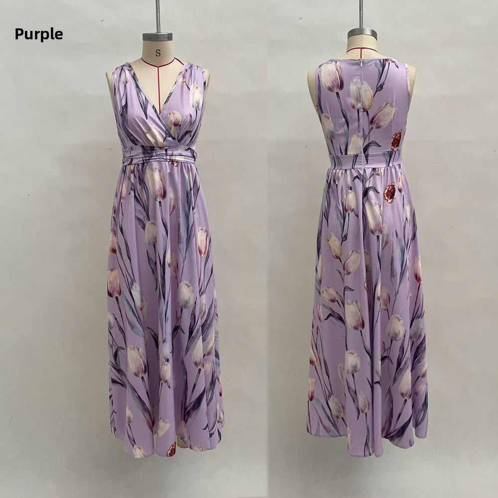 Womens Floral Print Sleeveless V-Neck Irregular Long Dress