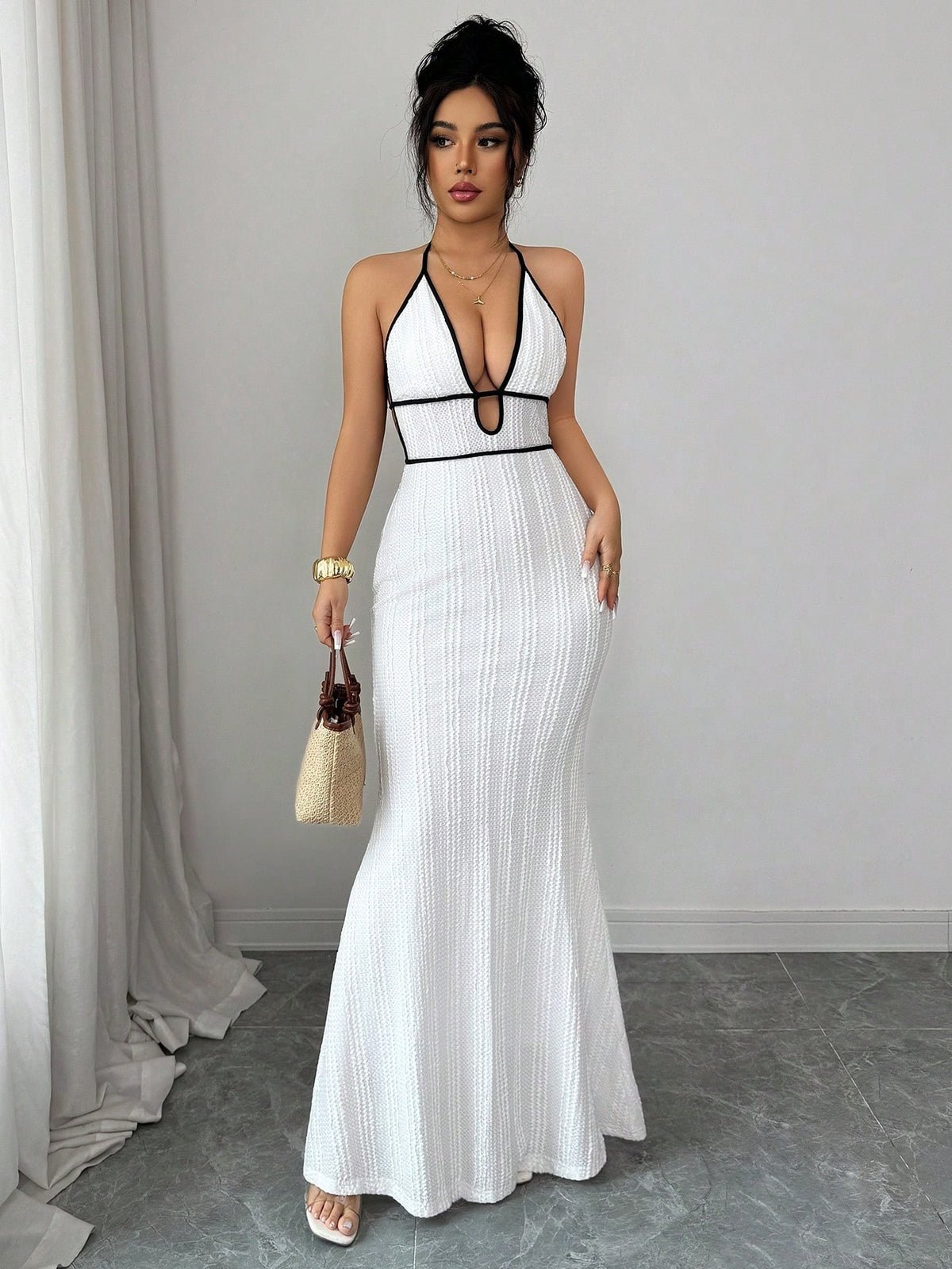 Deep V open-back fitted halter dress
