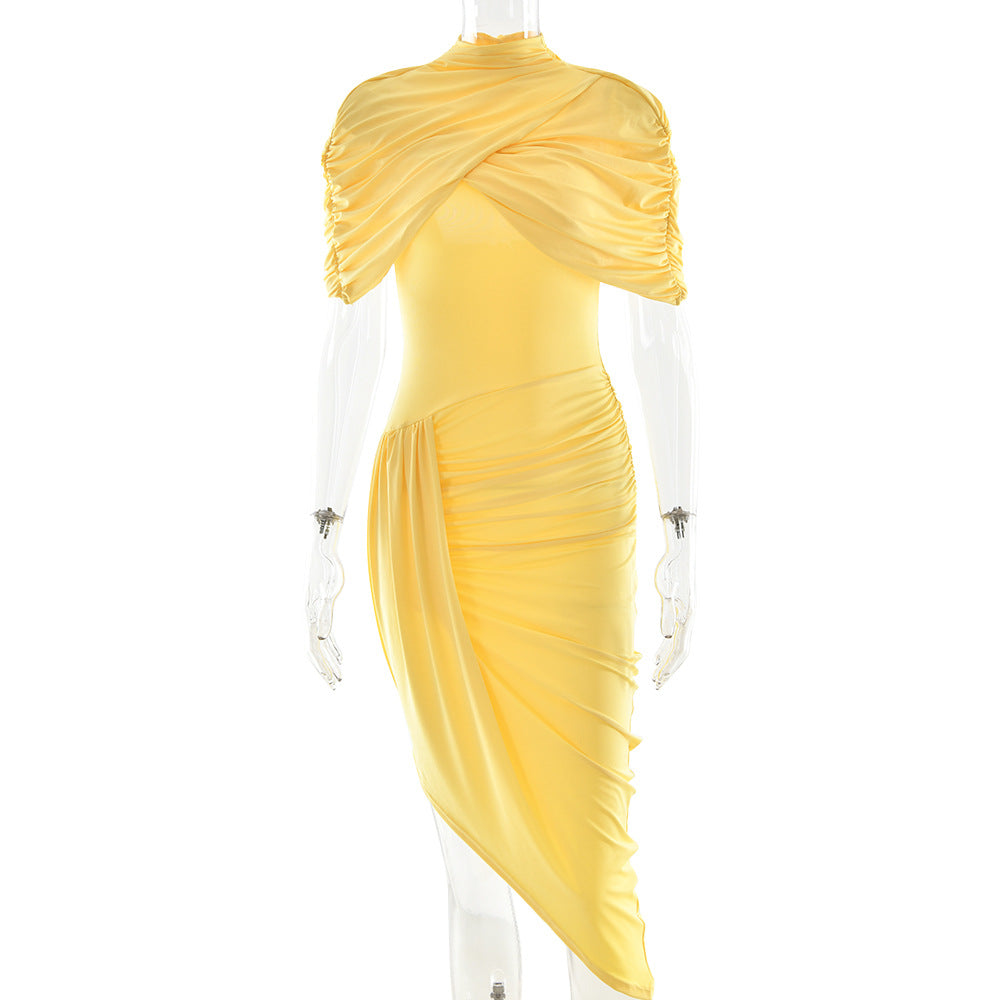 Pleated Backless Dress with Shawl