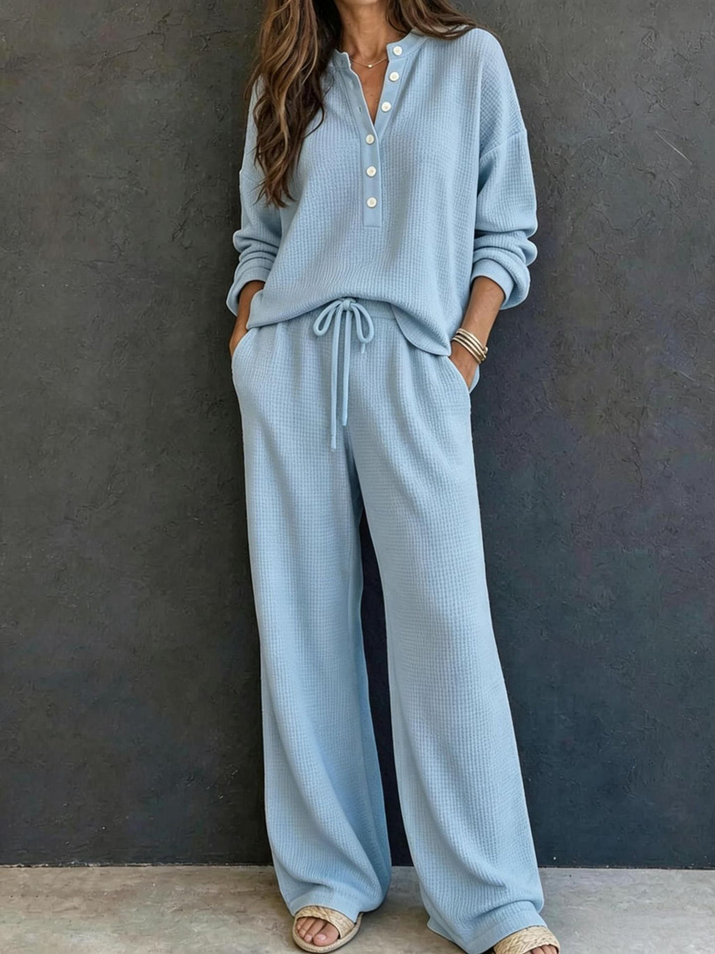 Women's Solid Color Knit Rib Top Straight Pants Set