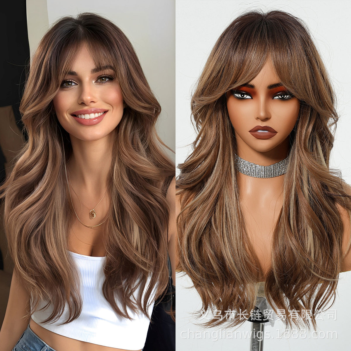 Brown Bang Long Curly Hair Wig