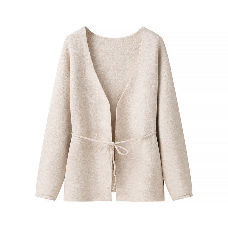 Women's Two-Color Lace-Up Long Sleeve V-Neck Cardigan Sweater