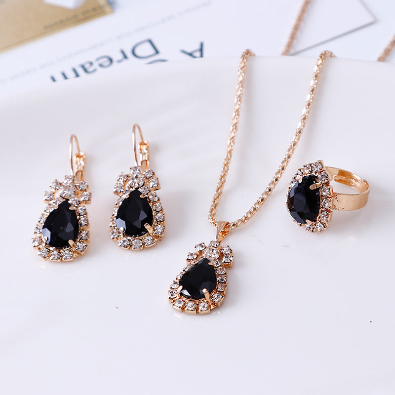 European and American Personalized Water Drop Rhinestone Necklace Earrings Ring Set