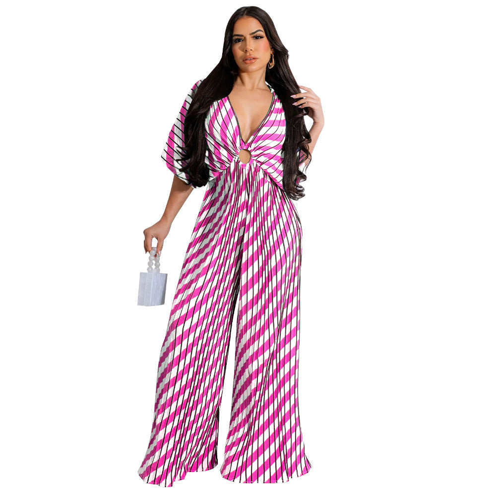 V-Neck Pleated Printed Casual Jumpsuit