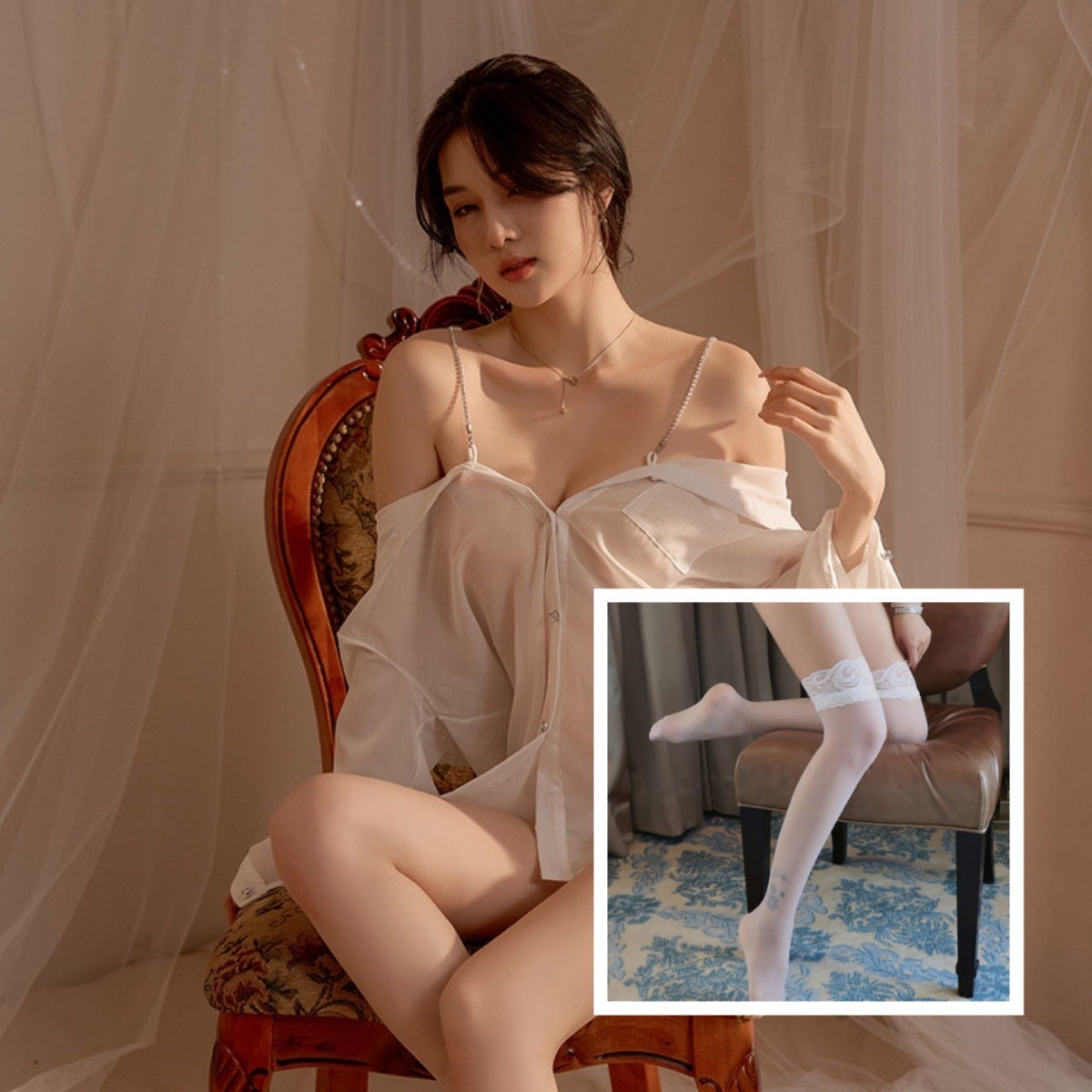 Women's See-Through Shirt Style Suspender Lingerie Dress with T Pants