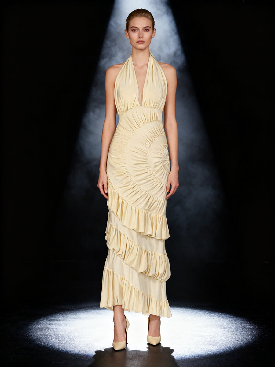 Apricot Halter Neck Backless Long Dress Women Pleated Ruffle Fishtail Evening Gown