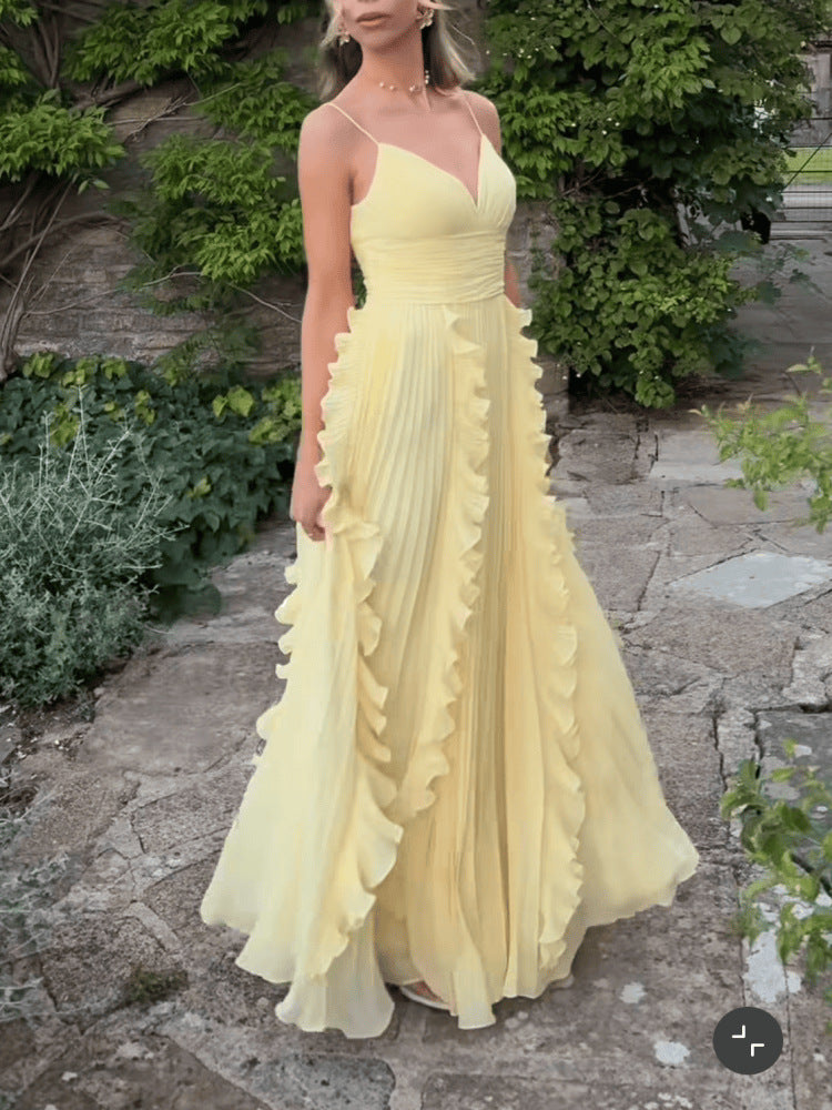 V-Neck Sleeveless Waist-Cinching Ruffled Flared Dress
