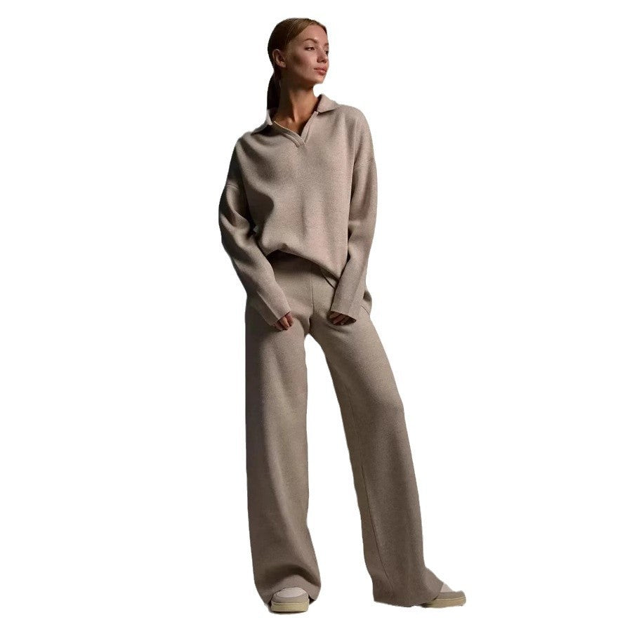 Women's Two-Piece Knit Set Polo Collar Pullover and Wide-Leg Pants