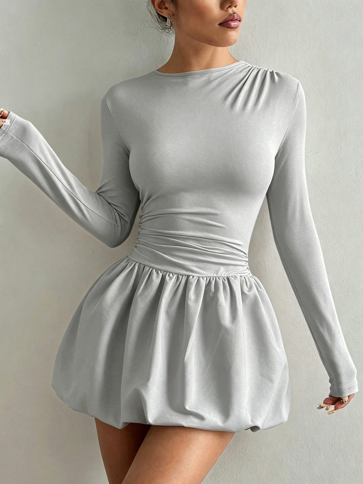 Womens Slim-Fit Long Sleeve Dress with Elastic Puff Skirt