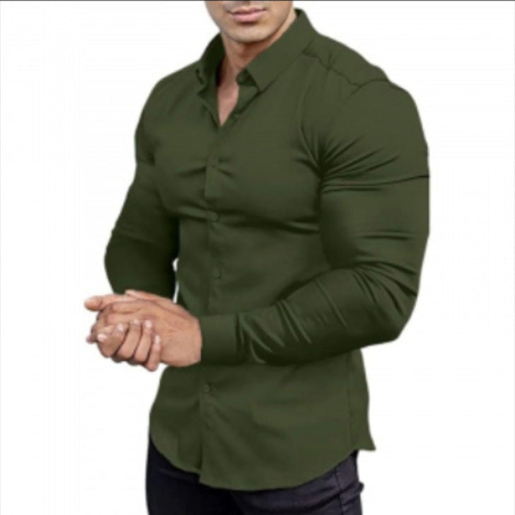 Digital Print Long-Sleeve Men's Slim-Fit Casual Shirt
