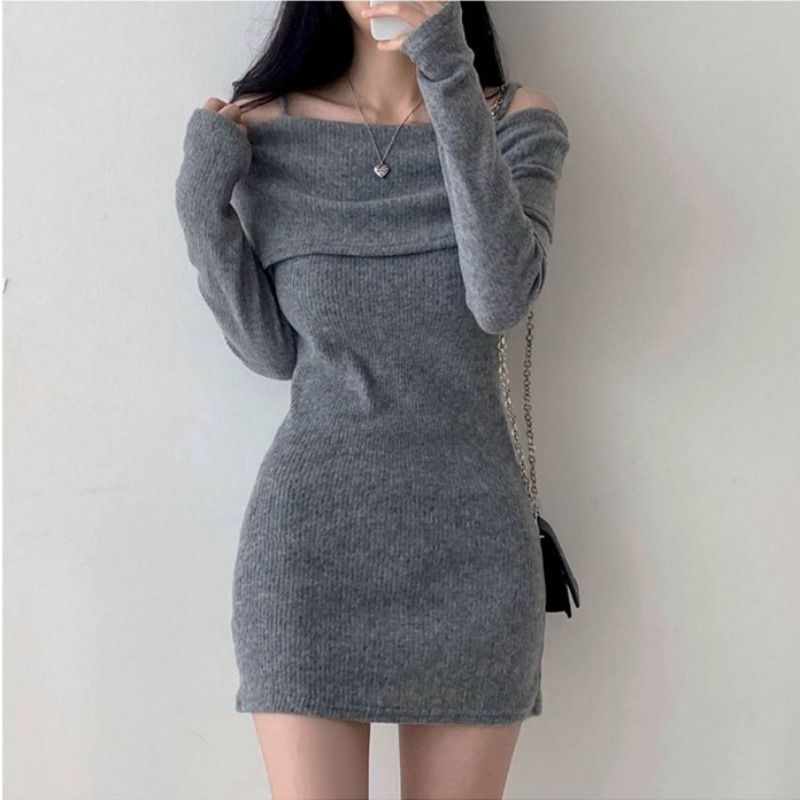 Women's Off-Shoulder Ribbed Knit Hip-Hugging Short Dress