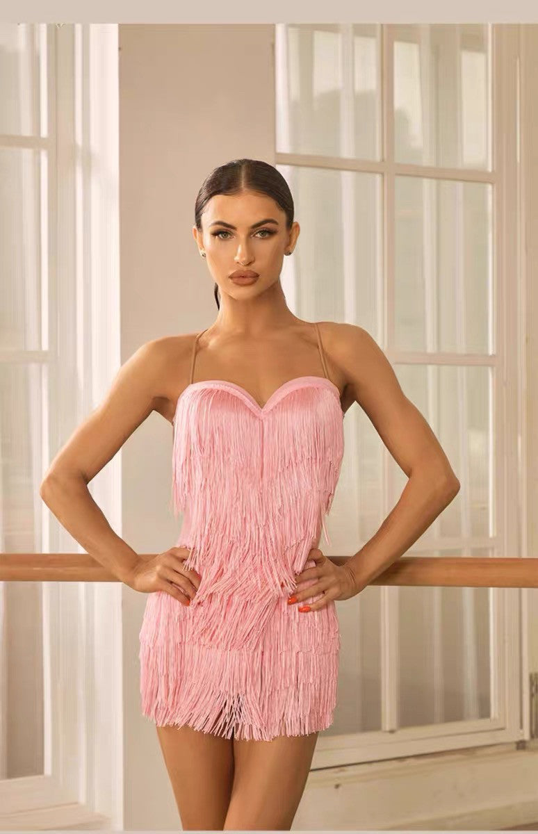 Women's Adult Spaghetti Strap Dress with Multi-Layered Tassels, Latin Dance Dress