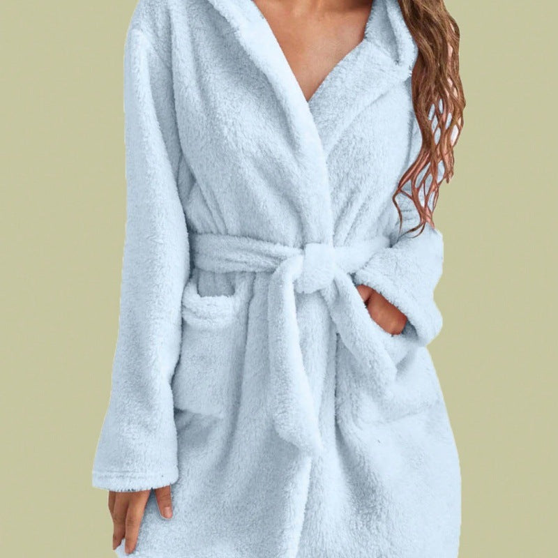 Women's Flannel Coral Fleece V-Neck Long Bathrobe