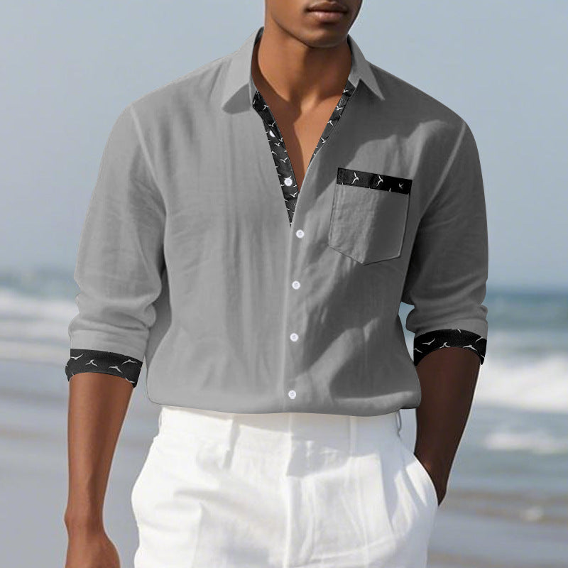 Men's Solid Color Long Sleeve Lapel Shirt Digital Print
