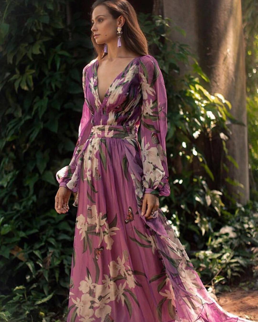 Womens V-Neck Long Sleeve Printed Dress