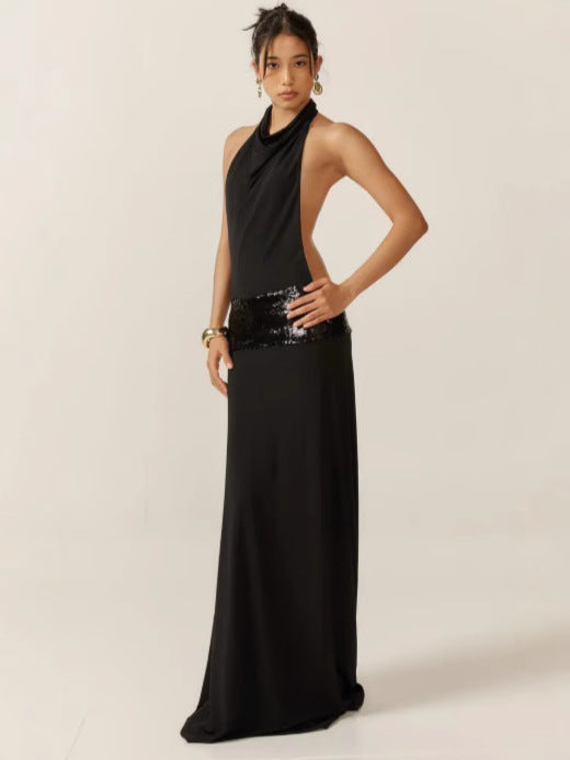 Sexy backless, cinched waist, patchwork sleeveless dress